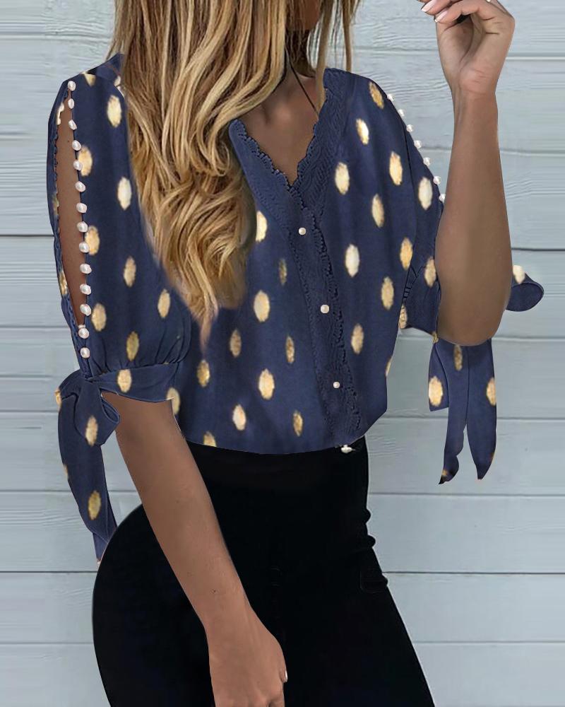 

Polka Dot Print Lace Hem Cutout Lantern Sleeve Blouse, Blue