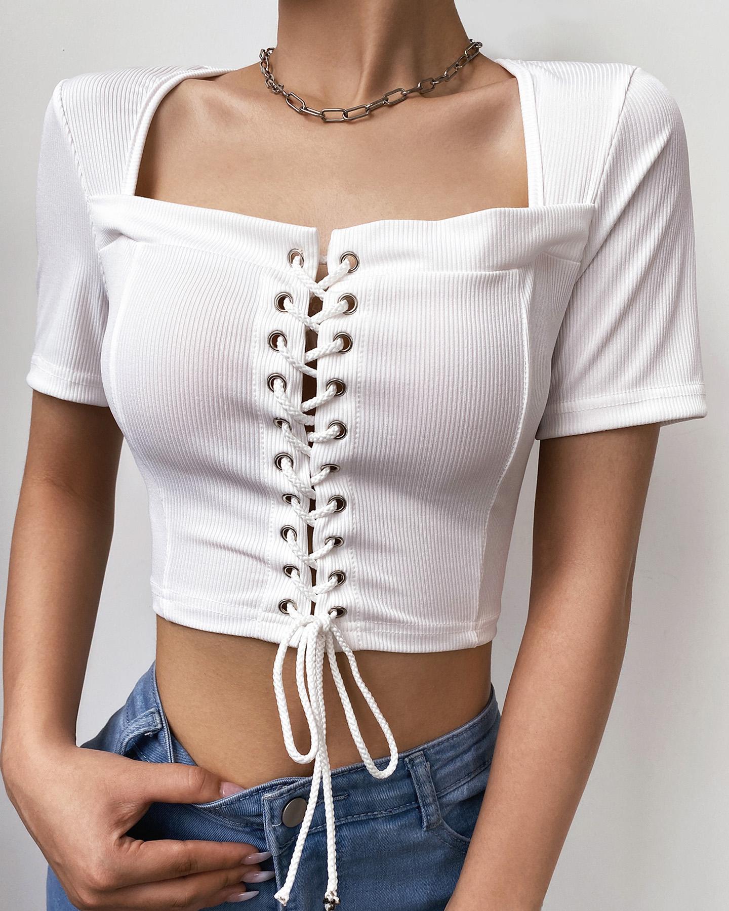 Buy Eyelet Lace Up Square Neck Crop Top. Picture