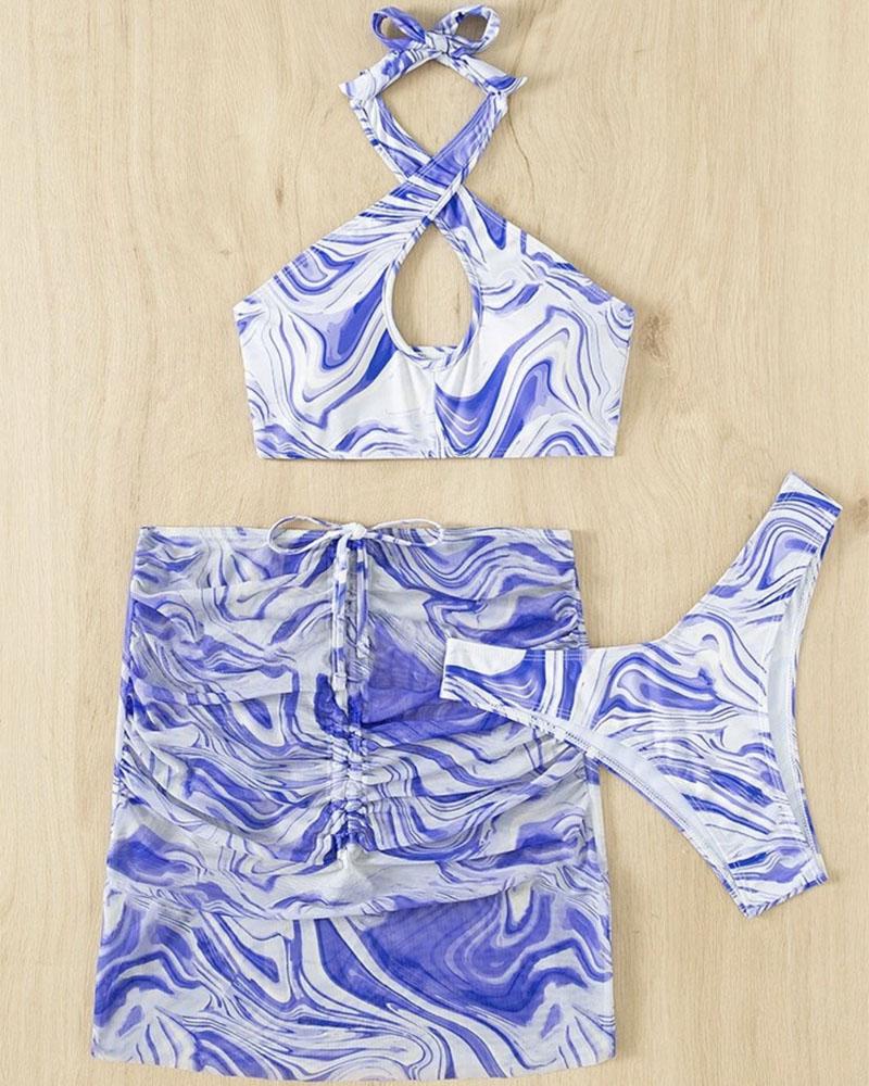 

3PCS Marble Print Halter Bikini Set With Drawstring Cover Up, Blue
