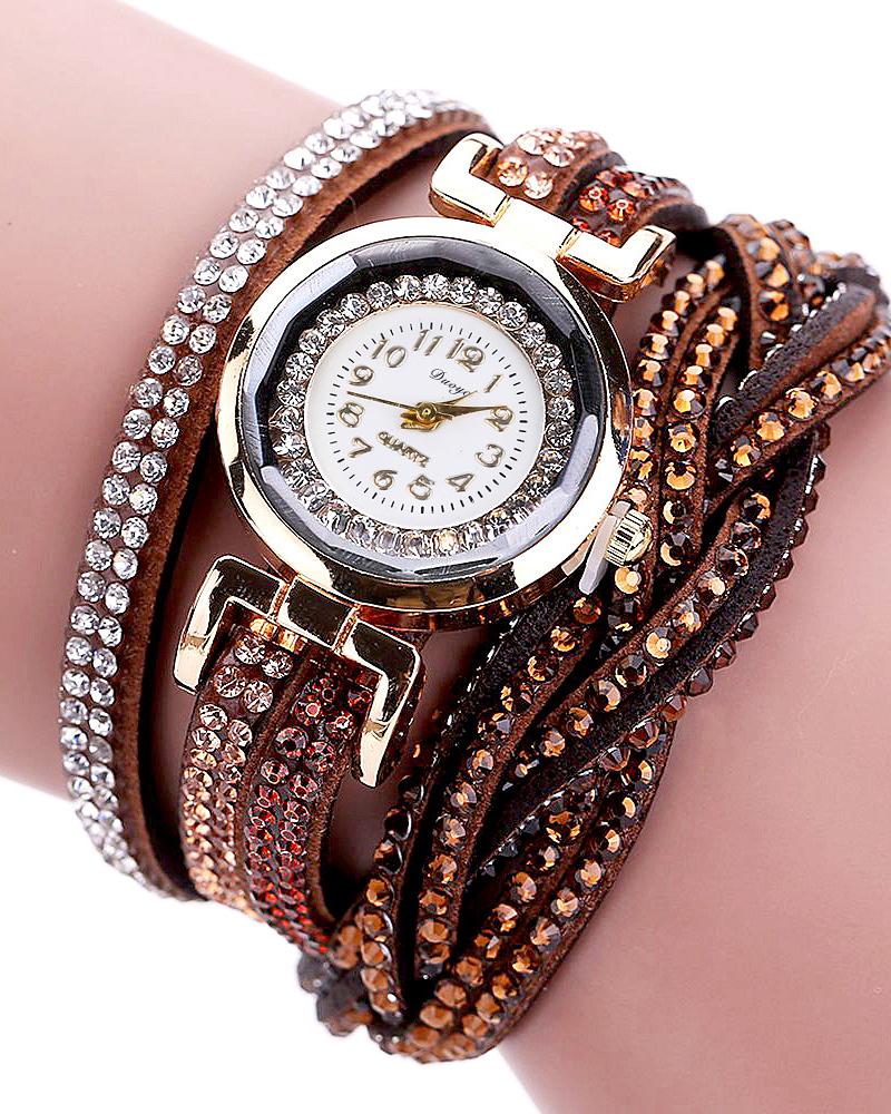 

Rhinestone Decor Twine Quartz Wrist Watch & Bracelet Set, Red
