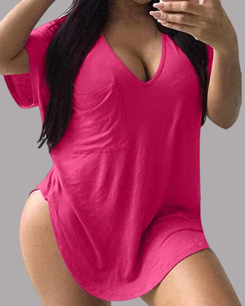 

Plus Size V-Neck Pocket Detail Casual T-shirt, Hot pink