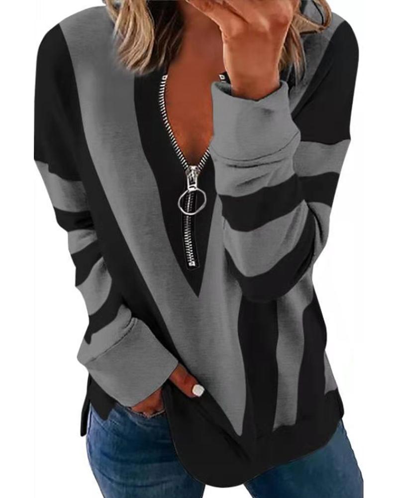 

Colorblock Zipper Design Long Sleeve Sweatshirt, Gray