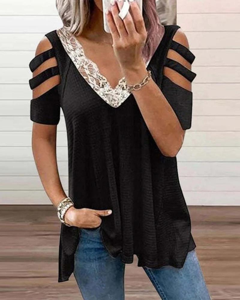 

Contrast Lace Ladder Cutout Cold Shoulder Top, Black