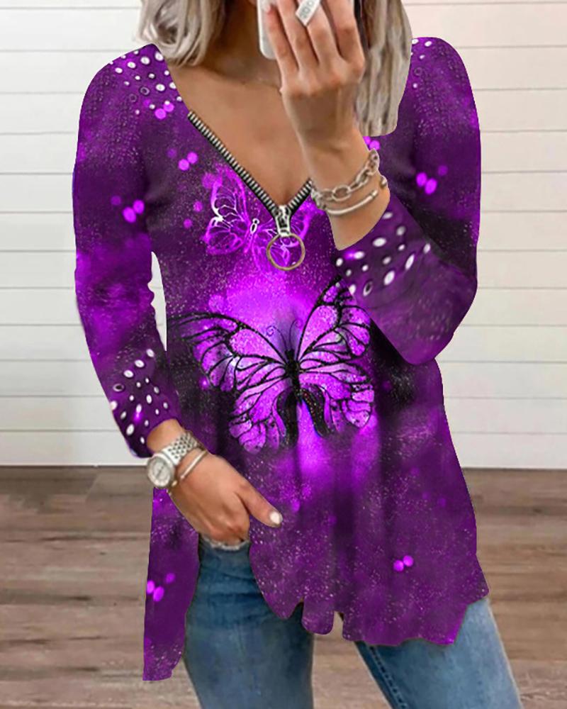 

Butterfly Print Zip Front Long Sleeve Top, Purple