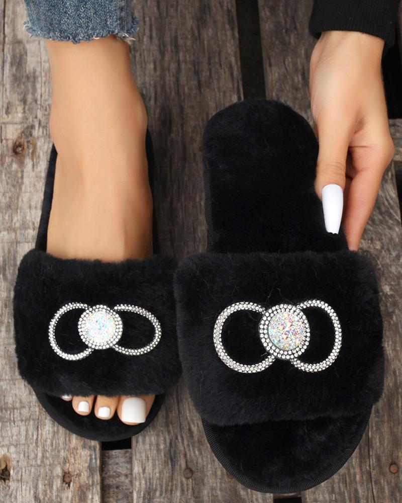 

Rhinestone Bowknot Design One Strap Fuzzy Slippers, Black