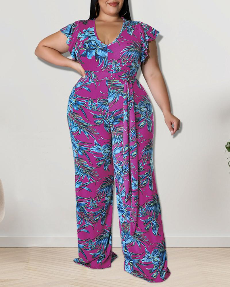 

Plus Size Tropical Print Flutter Sleeve Belted Jumpsuit, Purple