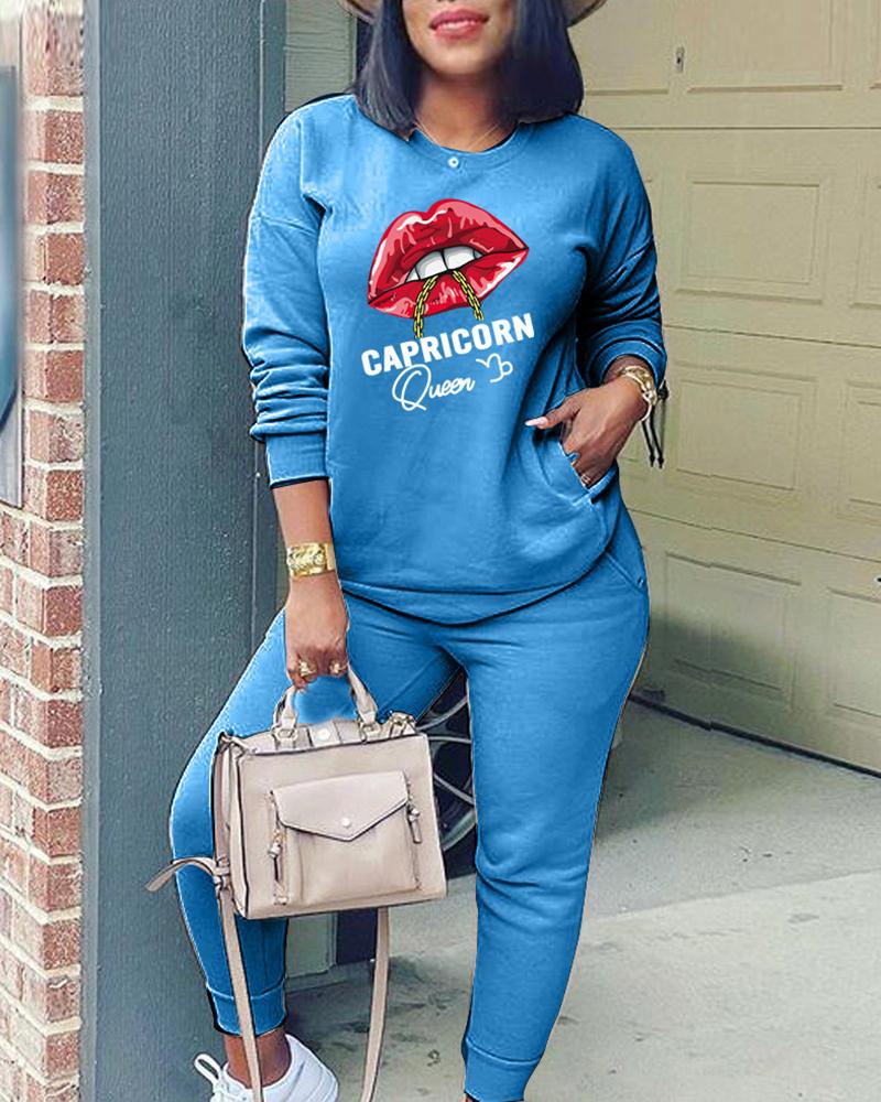 

Lip Letter Print Pocket Design Top & Pants Set, Blue