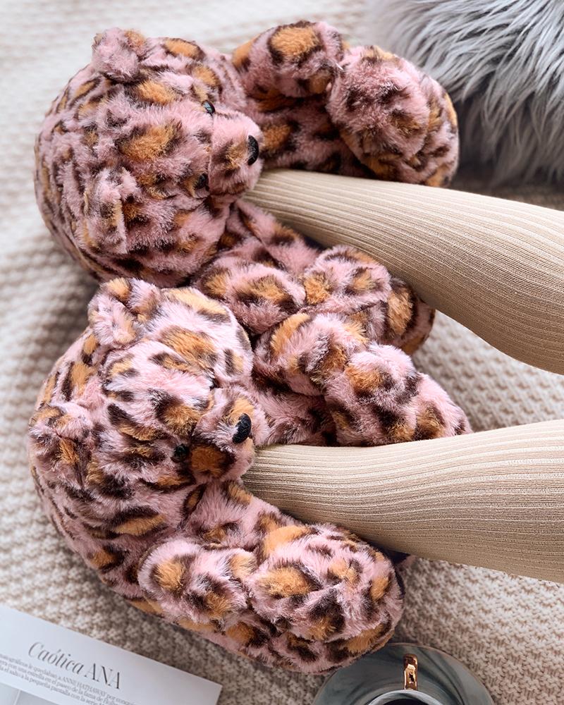 

Leopard Fluffy Teddy Bear Slippers, Pink