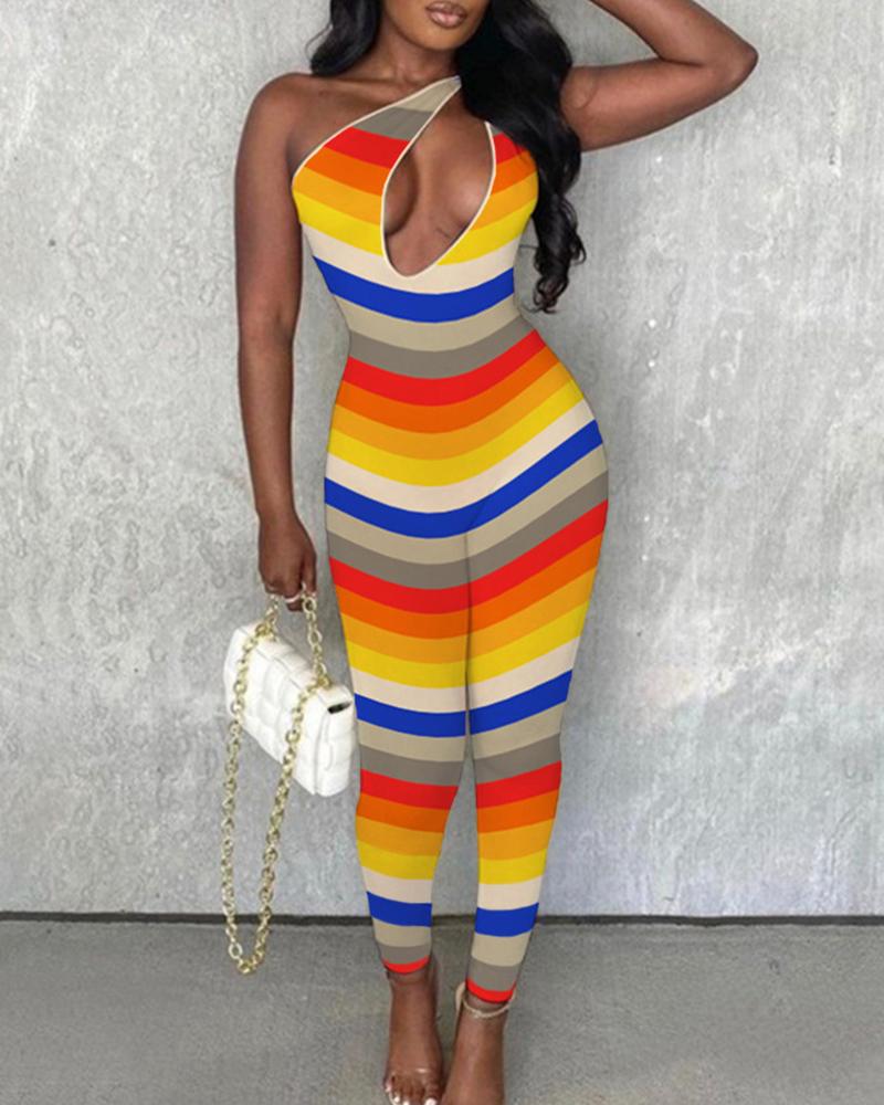 

Rainbow Stripe One Shoulder Cut-Out Skinny Jumpsuit, Multicolor