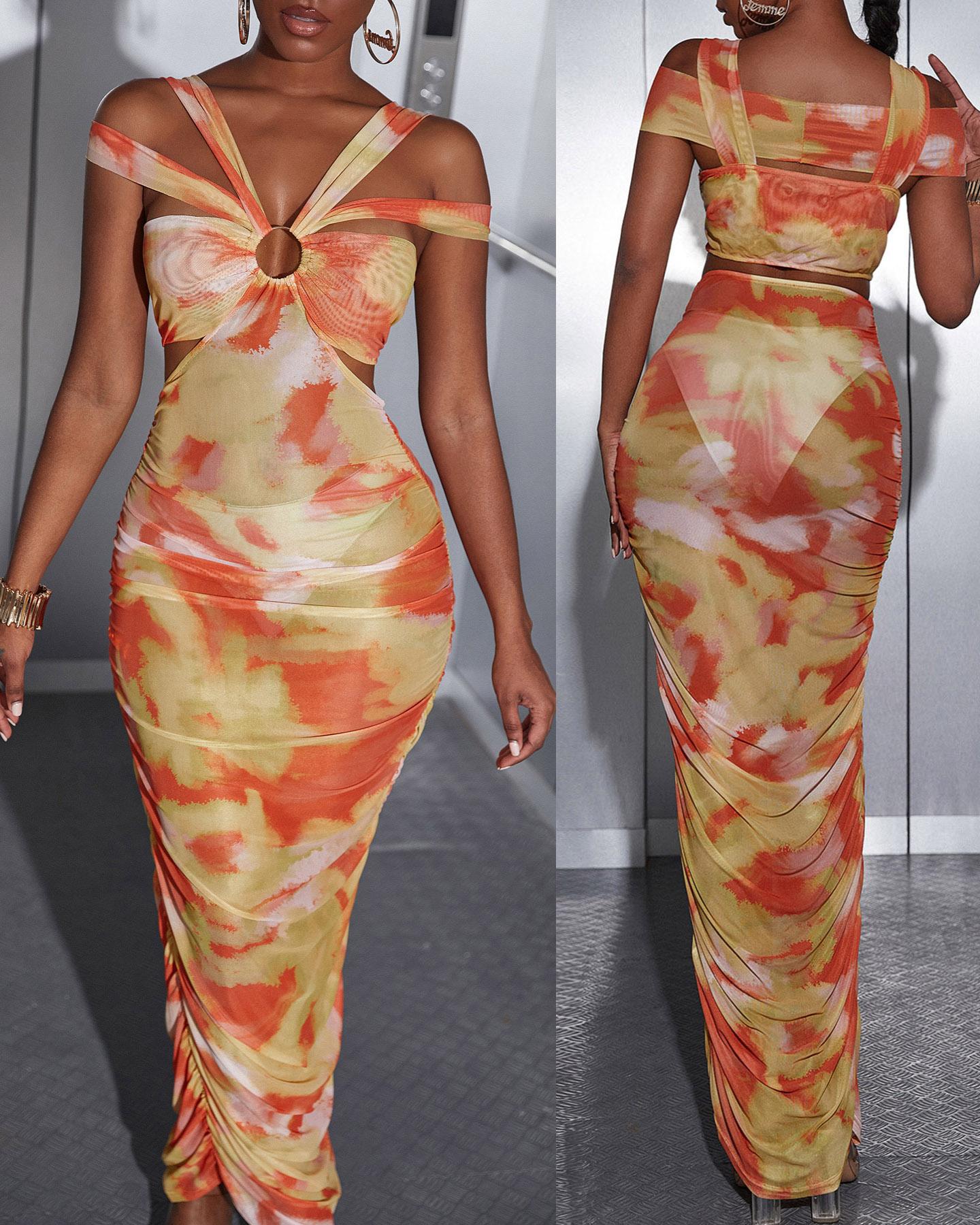 

Halter O-Ring Tie Dye Print Maxi Dress, Orange