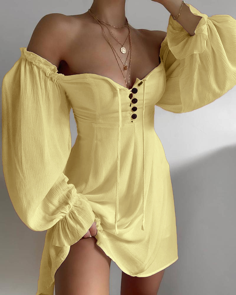 

Off Shoulder Button Design Lantern Sleeve Dress, Yellow