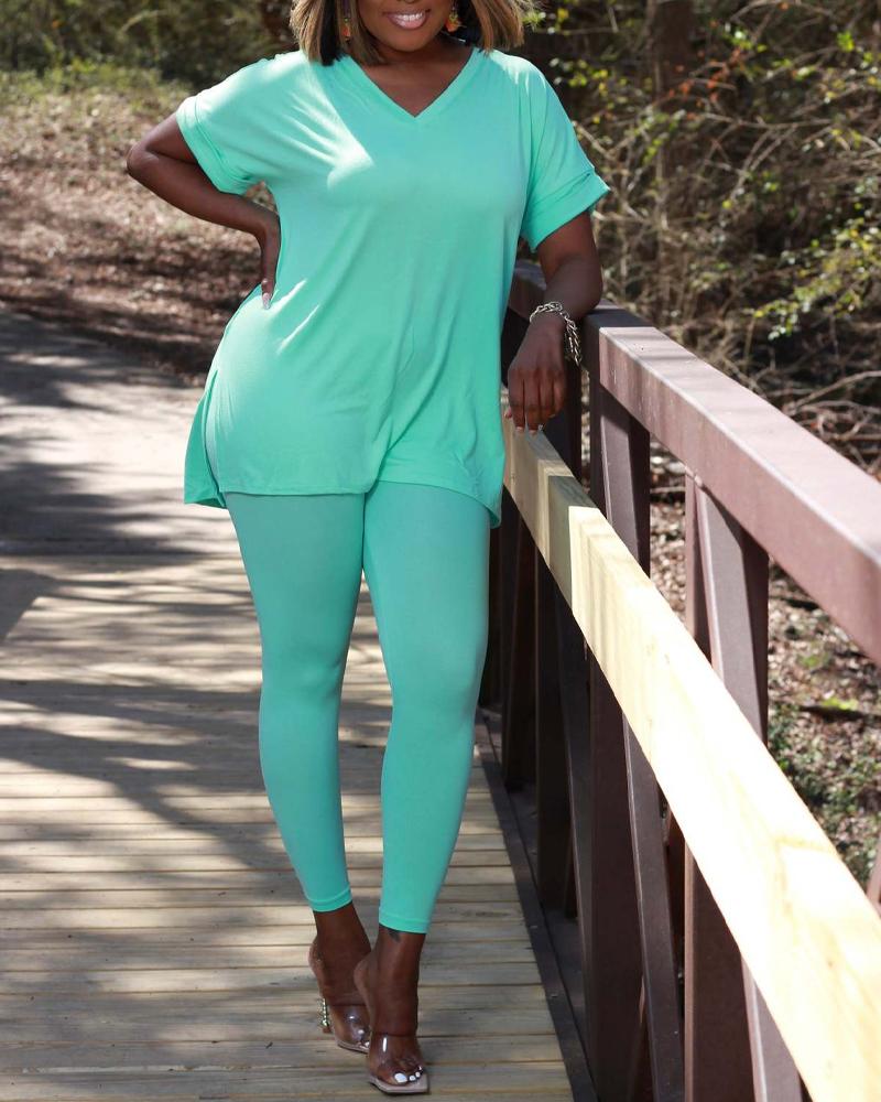 

V-Neck Split Hem Casual Top & Pants Set, Green