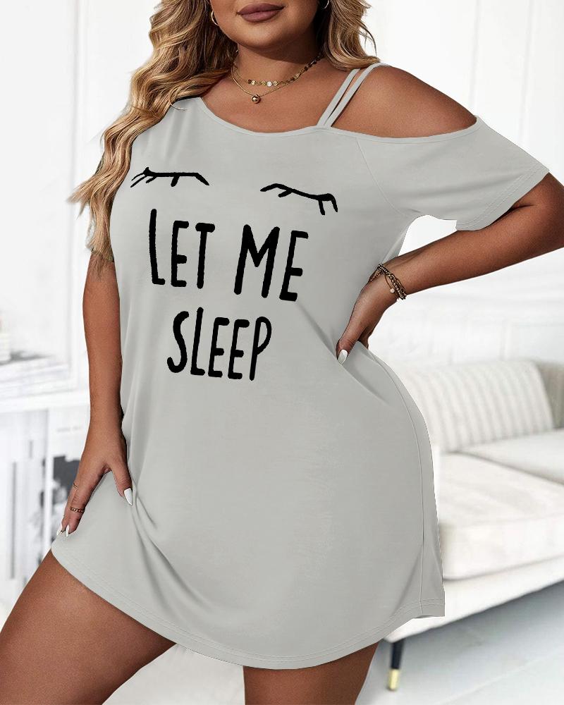 

Plus Size Let Me Sleep Figure Print Cold Shoulder Sleep Dress, Gray