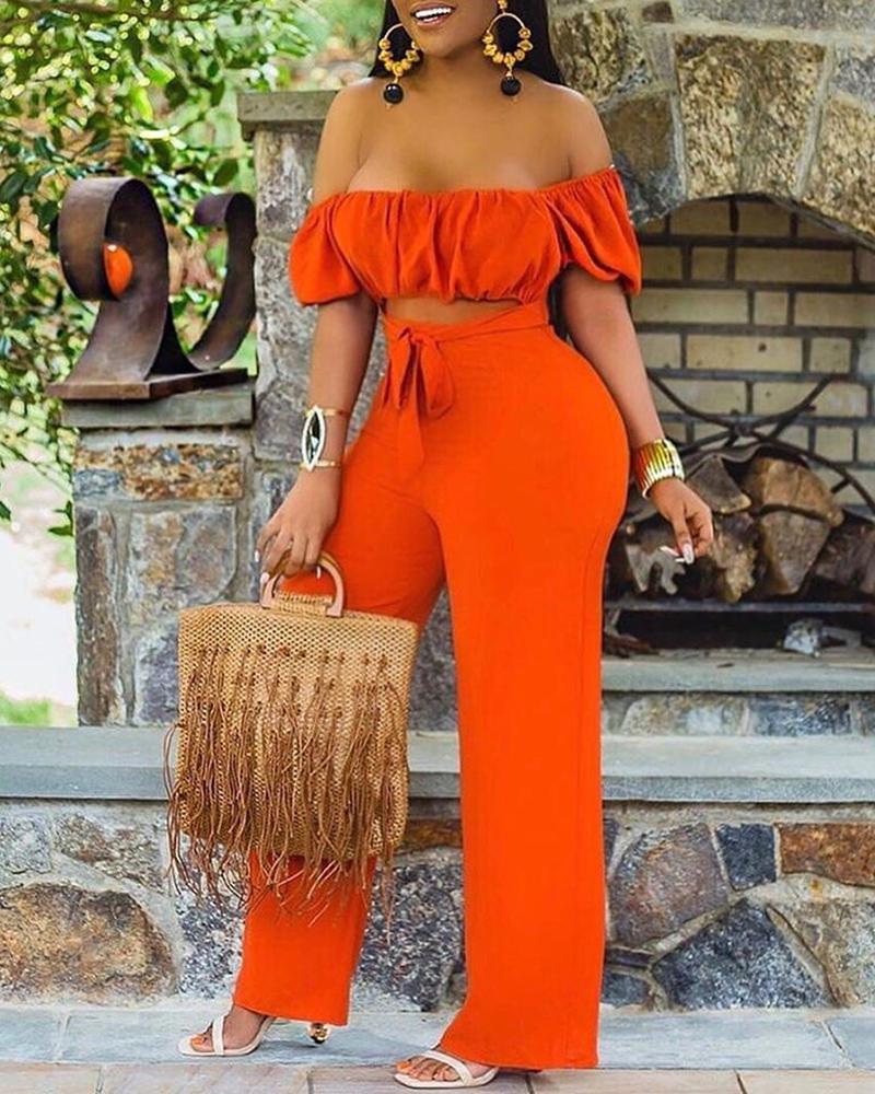 

Off Shoulder Ruched Cutout Waist Jumpsuit, Orange