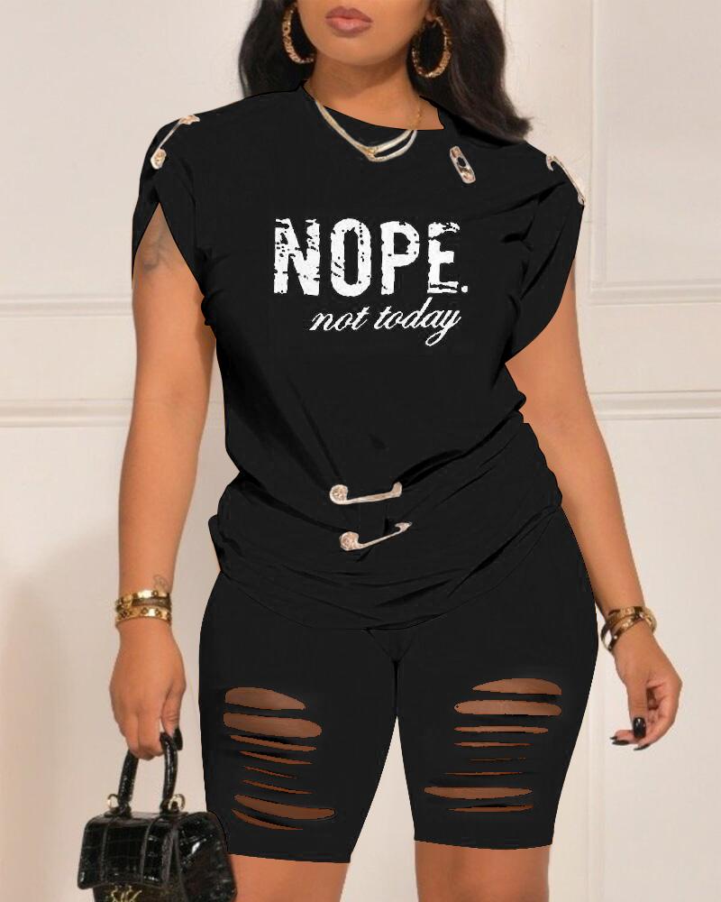 

Nope Not Today Print Casual Top & Shorts Set, Black