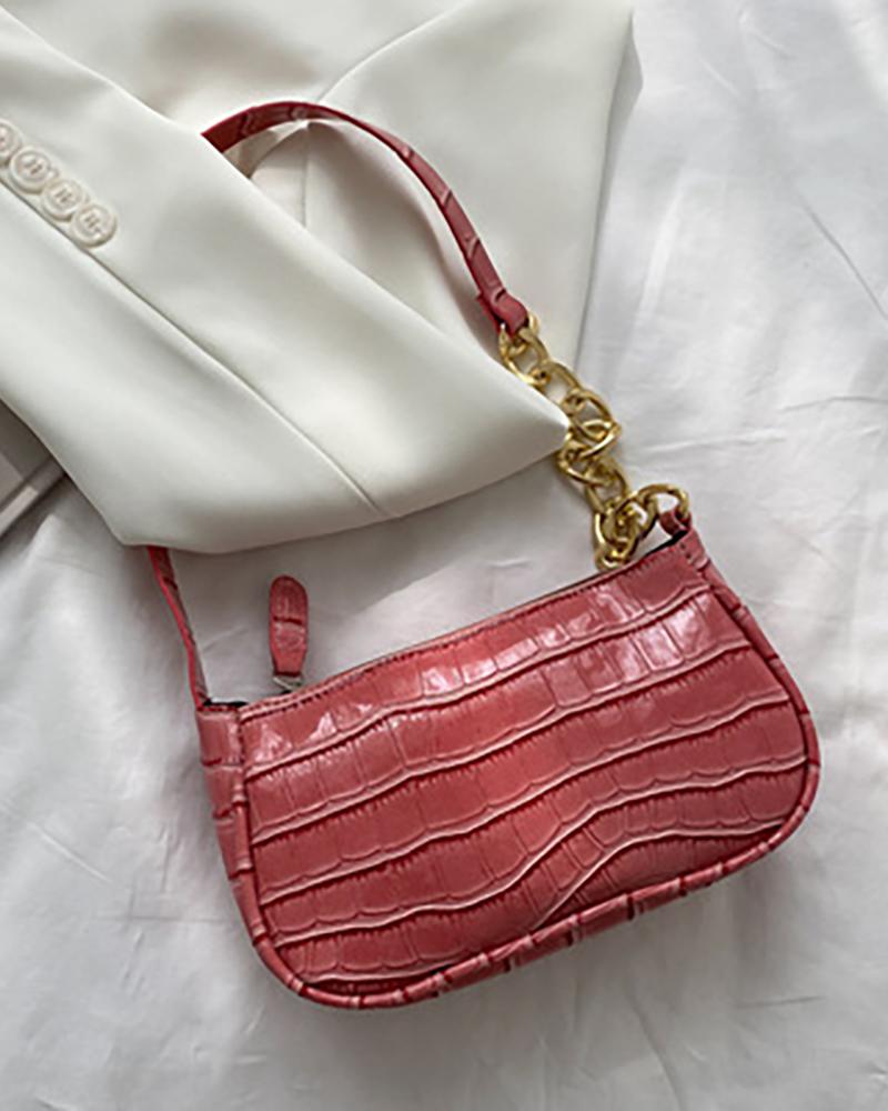 

Chain Decor Croc Embossed Baguette Bag, Pink