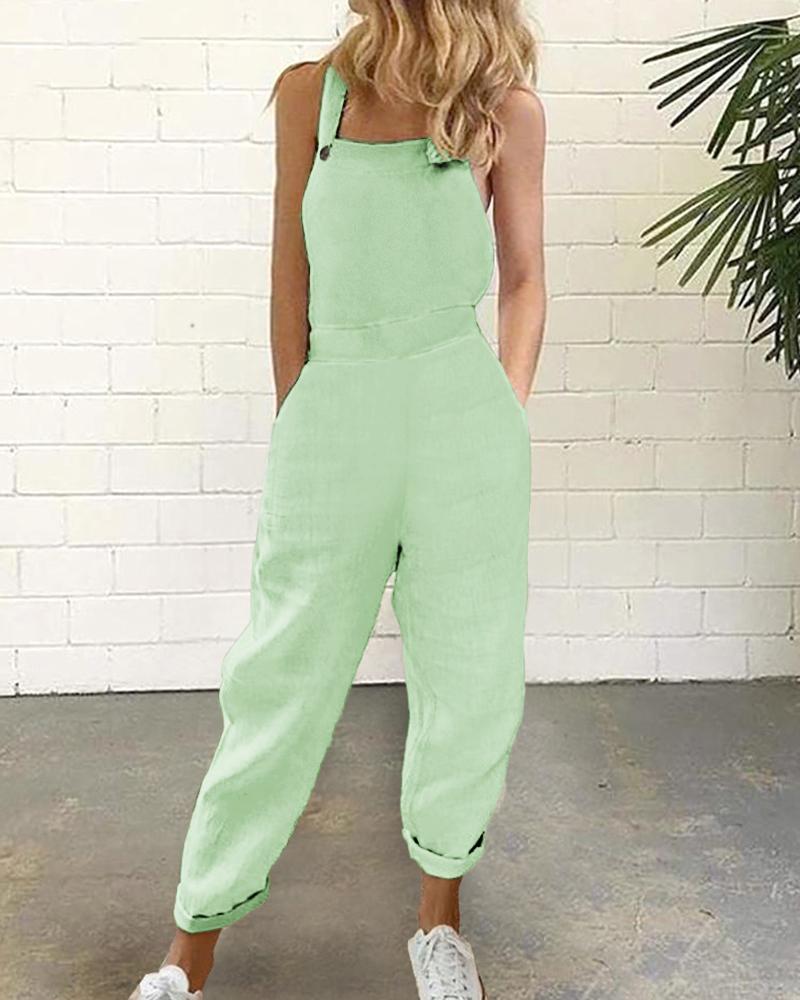 

Pocket Design Cuffed Suspender Jumpsuit, Light green