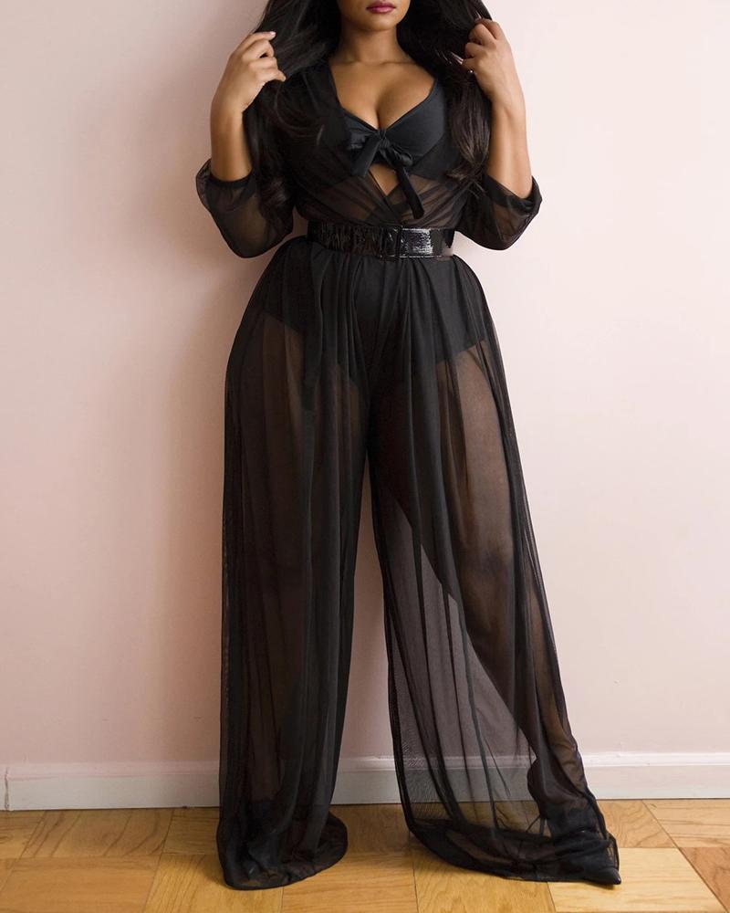 

Plain Tied Detail Sheer Mesh Jumpsuit, Black