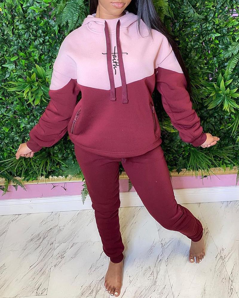 

Colorblock Letter Print Pocket Design Hoodie & Pants Set, Red
