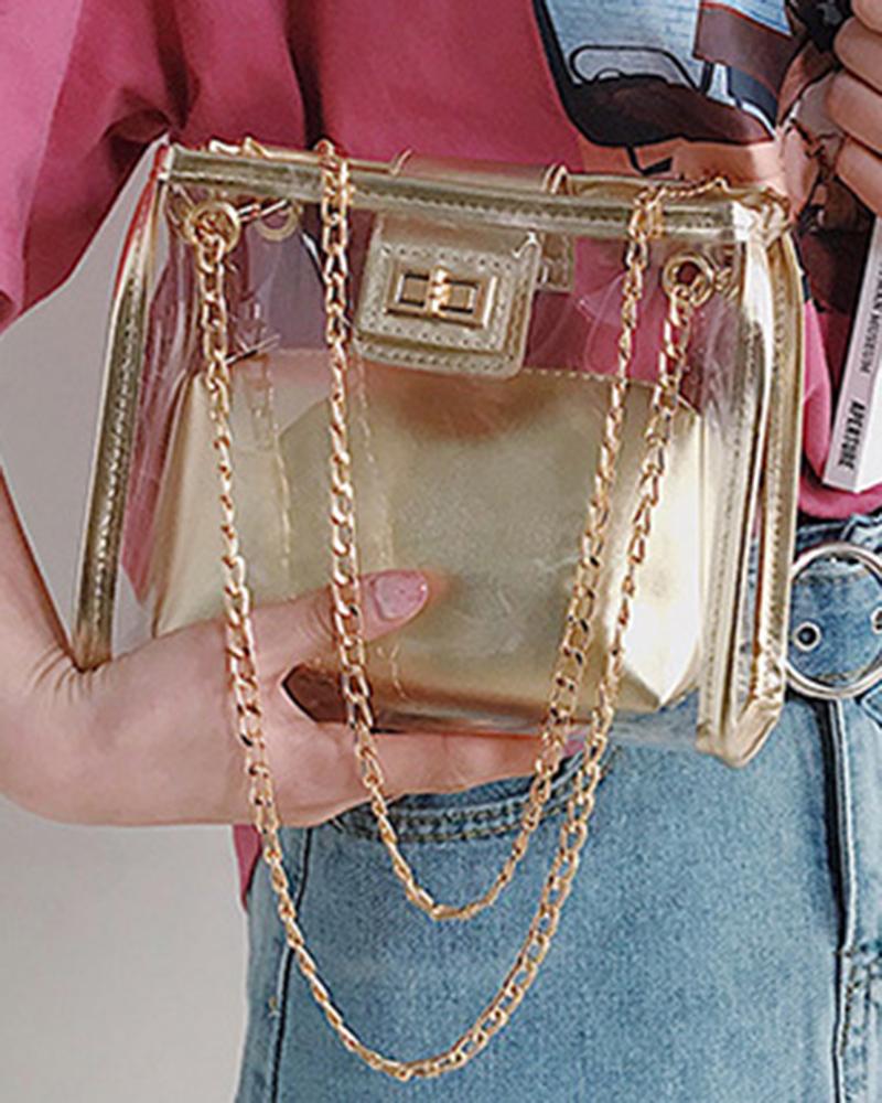 

Chain Strap Clear Shoulder Bag With Inner Pouch, Gold