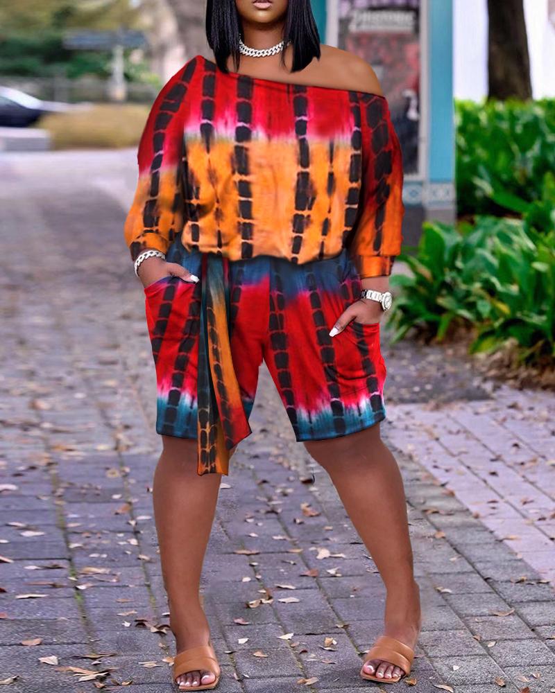 

One Shoulder Tie Dye Print Pocket Design Romper, Multicolor