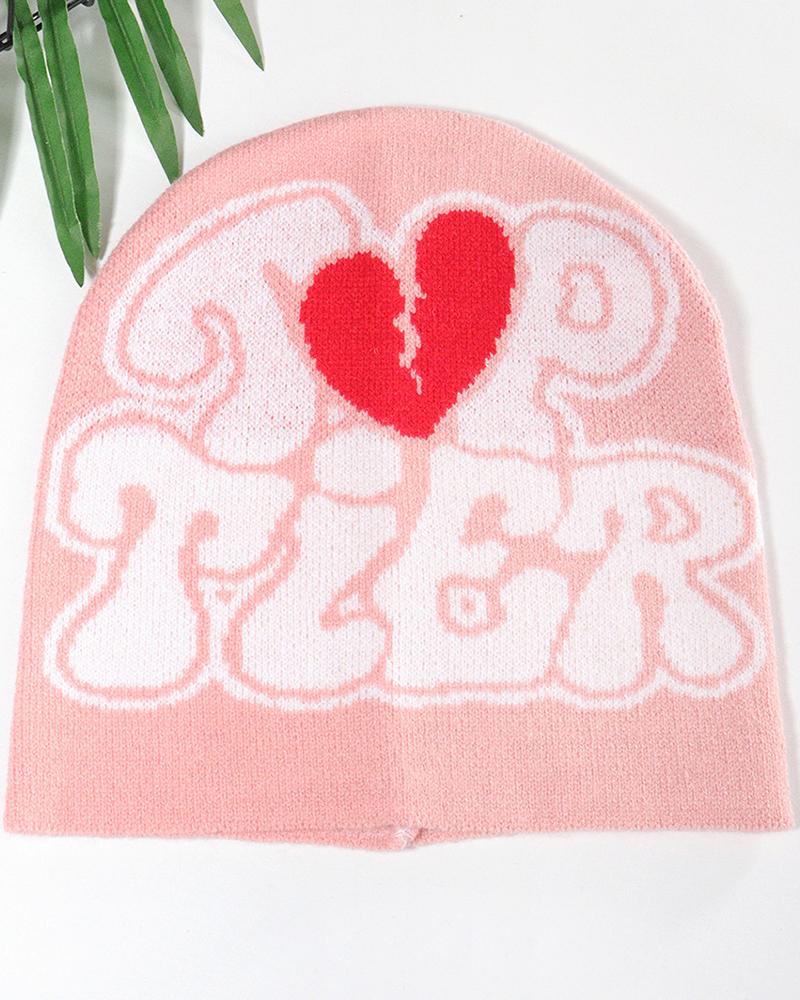

Broken Heart Letter Pattern Warm Winter Beanie Hat, Pink