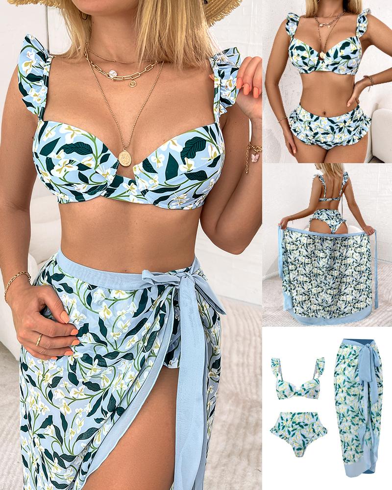 

3PCS Plants Print Ruffle Hem Bikini Set With Cover Up, Green