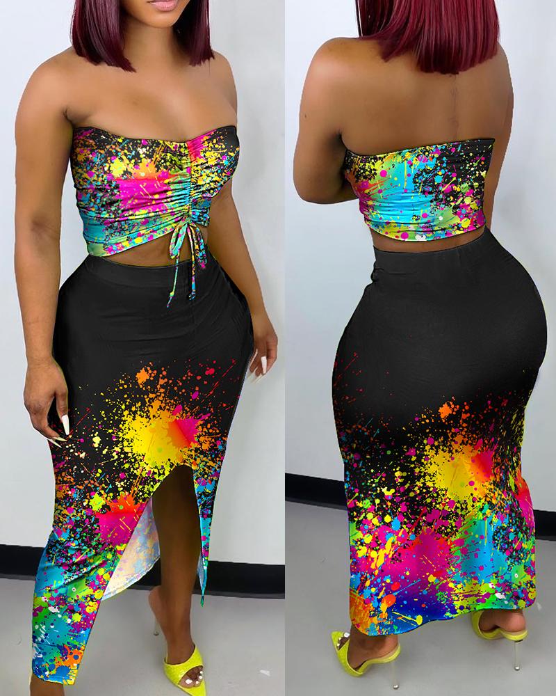 

Ink Splash Print Drawstring Crop Tube Top & Skirt Set, Multicolor