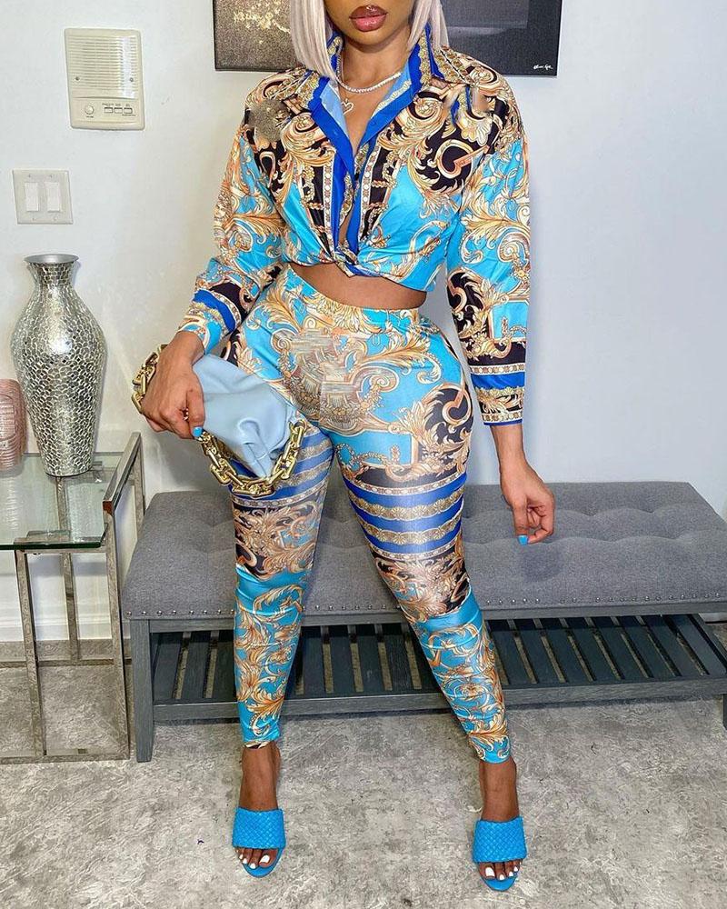 

Scarf Print Long Sleeve Top & High Waist Pants Set, Blue