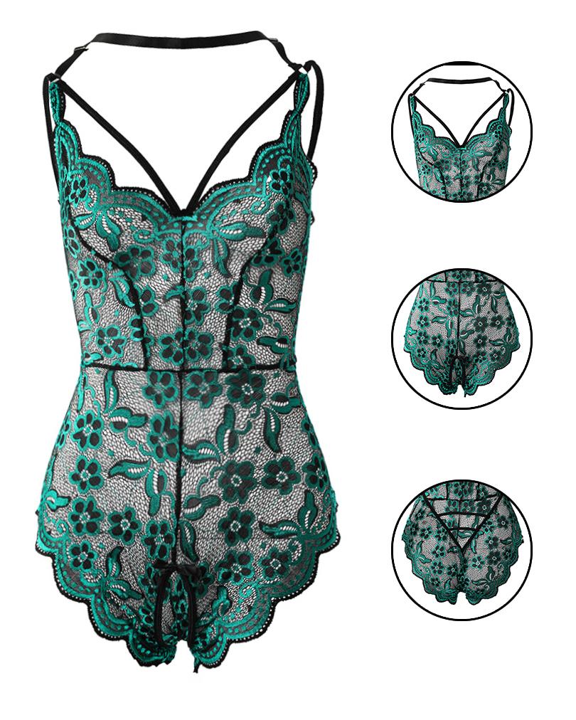 

Embroidery Lace Crotchless Halter Backless Teddy, Green