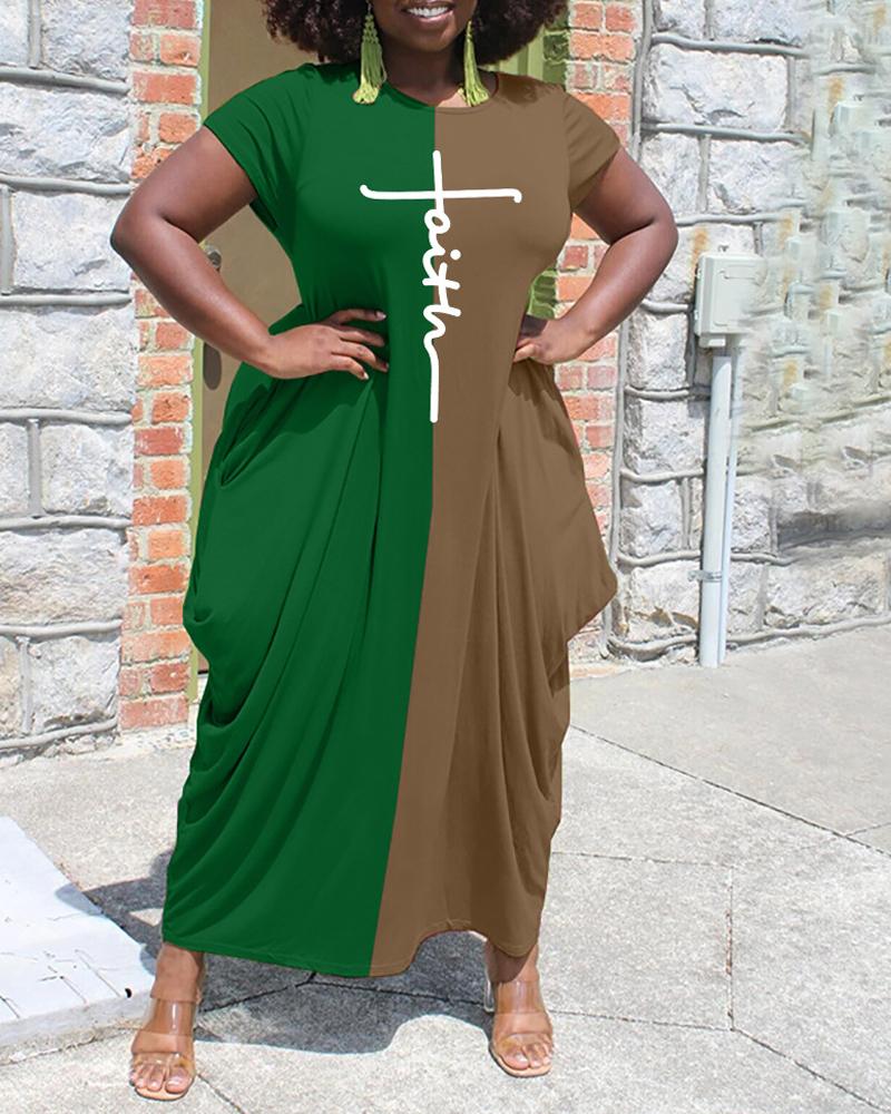 

Letter Print Colorblock Draped Casual Dress, Green