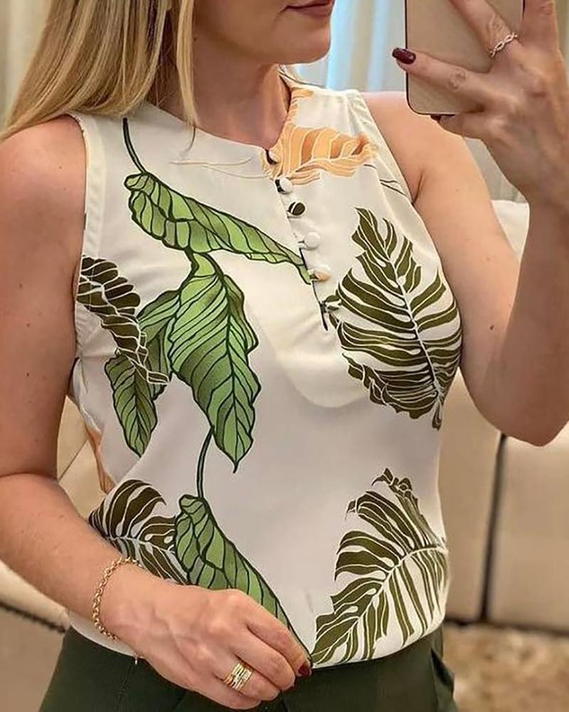 

Plants Print Buttoned Tank Top, White
