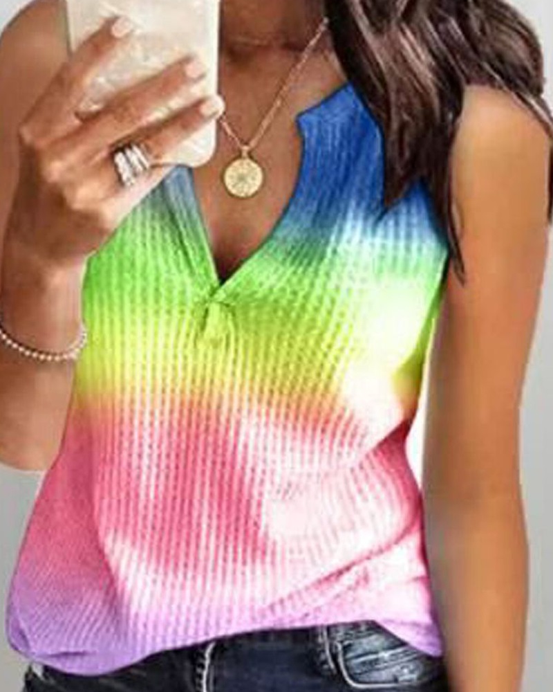 

Tie Dye Print V Neck Sleeveless Ribbed Top, Blue