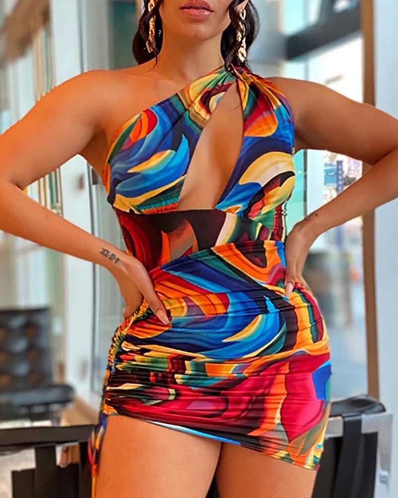 

One Shoulder Cutout Colorblock Drawstring Ruched Dress, Multicolor