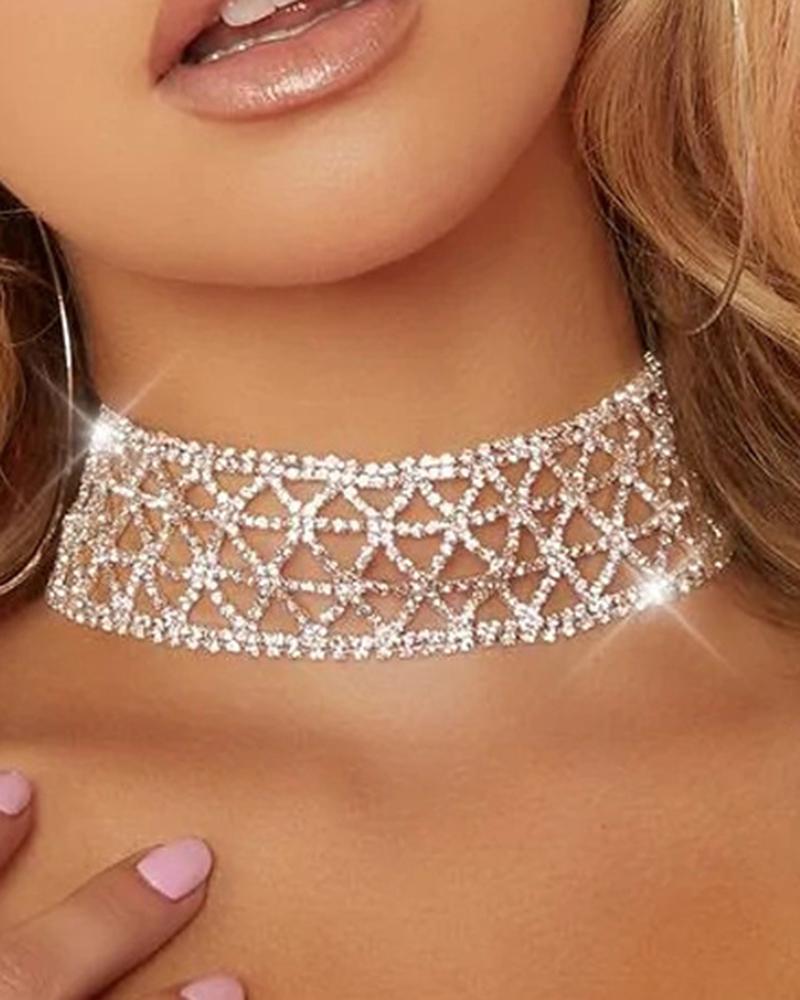 

Hollow Out Rhinestone Choker, Silver