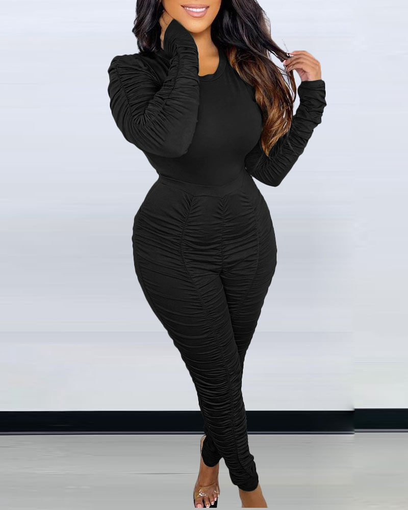 

Ruched Long Sleeve Top & Pants Set, Black