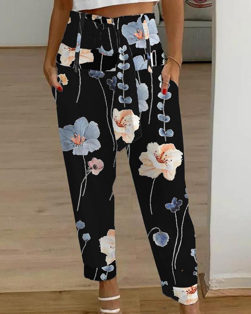 

Floral Print High Waist Belted Pocket Design Pants, Black