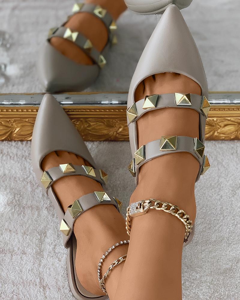 

Studded Pointed Toe Slip On Mules, Khaki