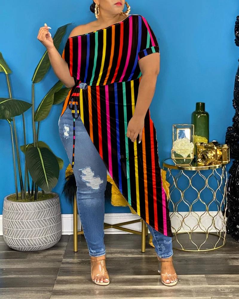 

Plus Size Rainbow Stripe Print Asymmetrical High Slit Dress, Black