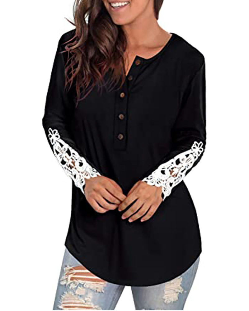 

Lace Patch Long Sleeve Button Design Top, Black