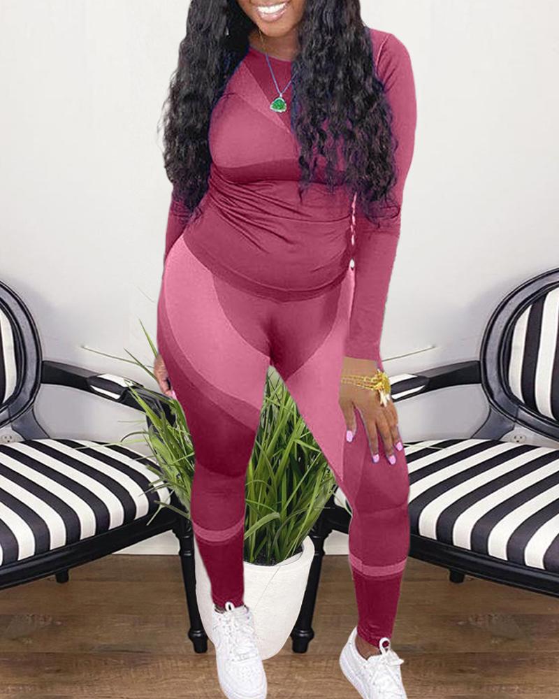 

Plus Size Contrast Paneled Long Sleeve Top & Pants Set, Pink