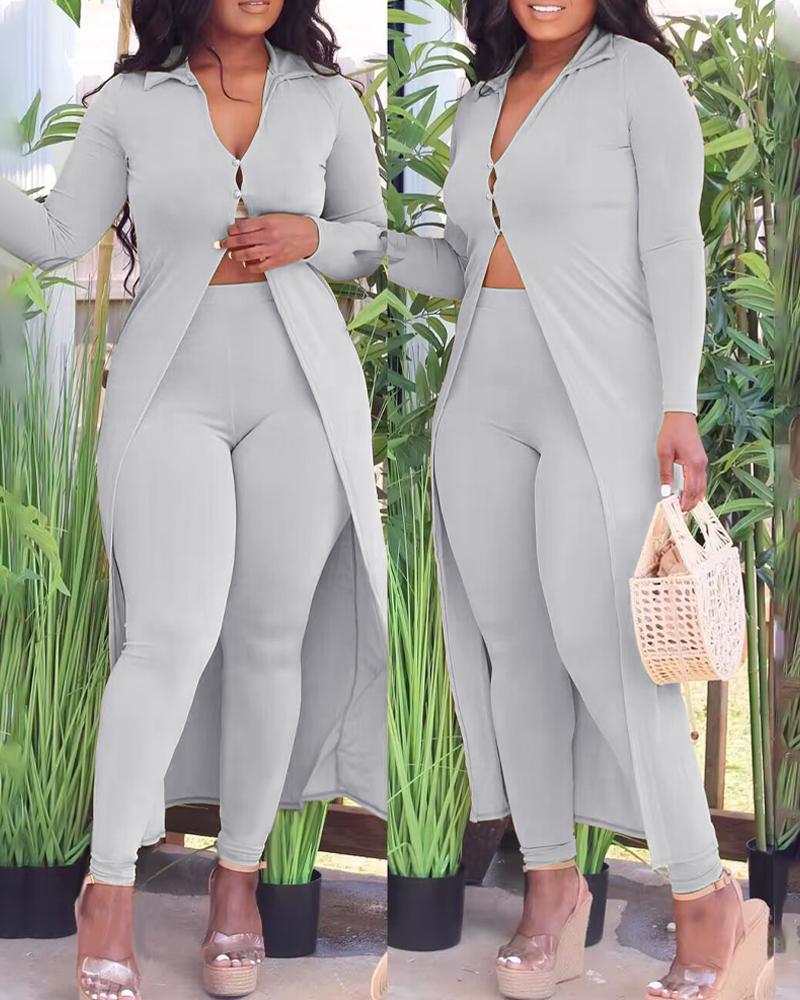 

High Waist Pants & Buttoned Longline Coat Set, Gray