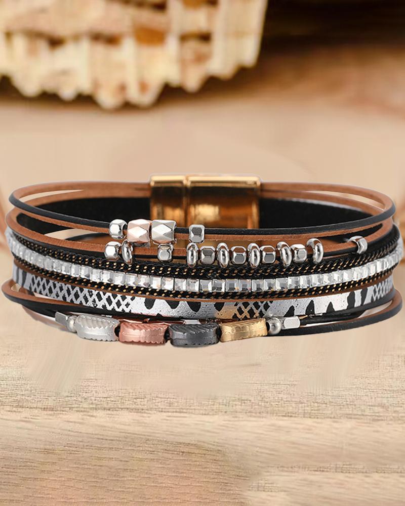 

1pc Tribal Beaded Multi-layer Magnet Wide Bracelet, Black