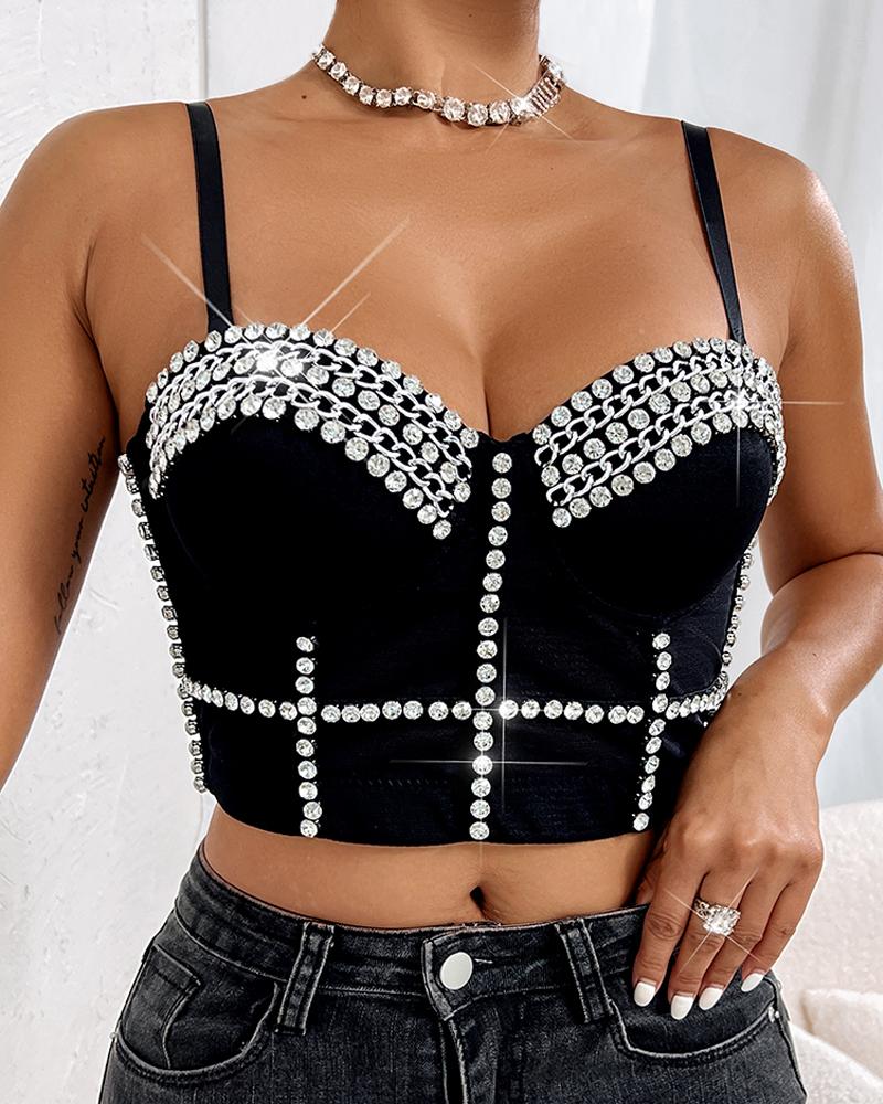 

Studded Rhinestone Chain Decor Crop Corset Top, Black