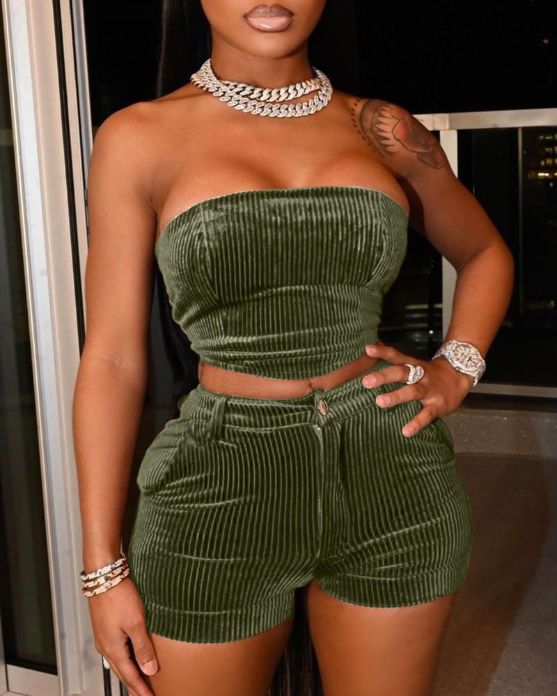

Corduroy Bandeau Crop Top & Pocket Design Shorts Set, Green