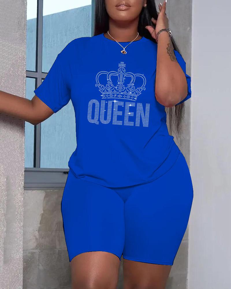 

Plus Size Rhinestone Crown Letter Pattern O-Neck Top & Shorts Set, Blue