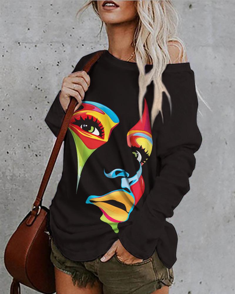 

Abstract Figure Print Long Sleeve Casual Top, Black