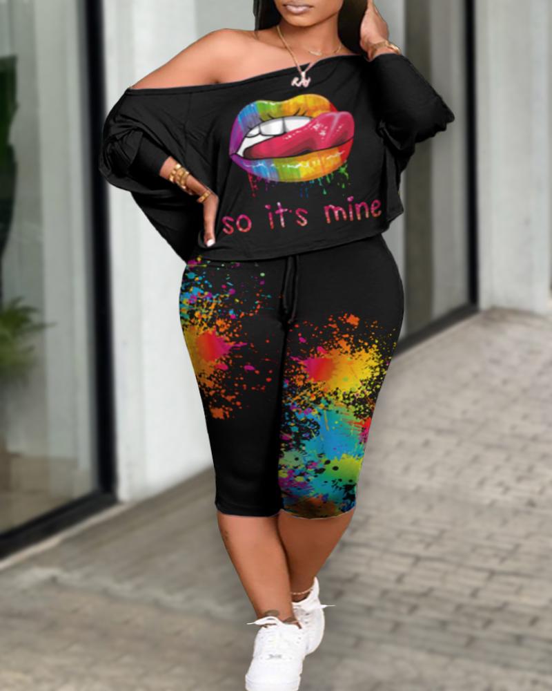 

Plus Size Lip Slogan Ink Splash Print Top & Drawstring Pants Set, Black