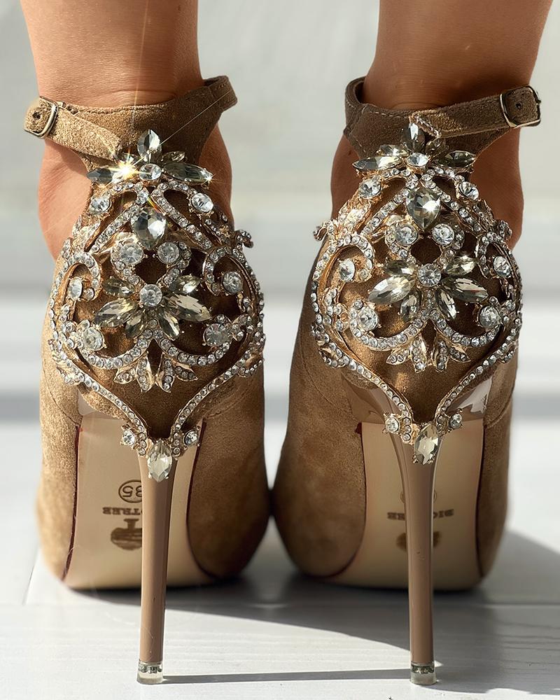 

Crystal Rhinestone Ankle Strap Stiletto Heel Pumps, Khaki