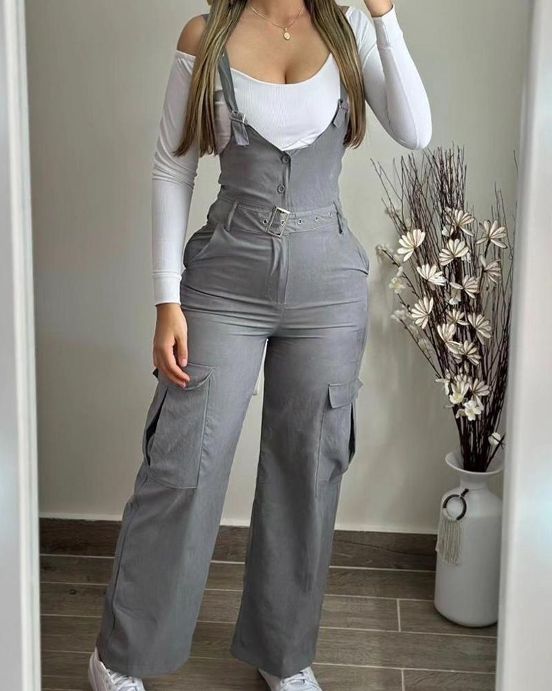 

Pocket Design Buckled Buttoned Suspender Jumpsuit, Gray